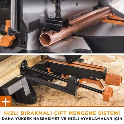 Evolution 053-0003B R255SMS-DB+ Çift Eğimli Kızaklı Bileşik Gönye Kesme Makinesi, 255mm