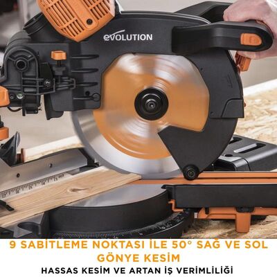 Evolution 053-0003B R255SMS-DB+ Çift Eğimli Kızaklı Bileşik Gönye Kesme Makinesi, 255mm