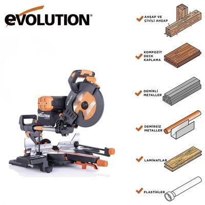 Evolution 053-0003B R255SMS-DB+ Çift Eğimli Kızaklı Bileşik Gönye Kesme Makinesi, 255mm