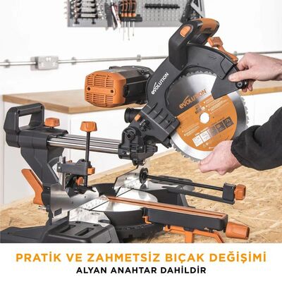 Evolution 053-0003B R255SMS-DB+ Double Bevel Sliding Compound Mitre Saw, 255mm
