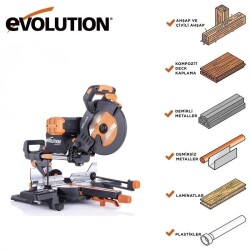 Evolution 053-0003B R255SMS-DB+ Double Bevel Sliding Compound Mitre Saw, 255mm - 23