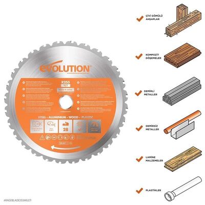Evolution R255TCT-28MS Multi-Material Cutting 28T Mitre & Table Saw Blade, 255mm